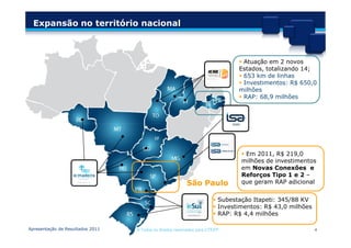 Expansão no território nacional



                                                                                 Atuação em 2 novos
                                                                                Estados, totalizando 14;
                                                                                 653 km de linhas
                                                                                 Investimentos: R$ 650,0
                                                                                milhões
                                                                                 RAP: 68,9 milhões




                                                                                  Em 2011, R$ 219,0
                                                                                 milhões de investimentos
                                                                                 em Novas Conexões e
                                                                                 Reforços Tipo 1 e 2 –
                                                           São Paulo             que geram RAP adicional


                                                                          Subestação Itapeti: 345/88 KV
                                                                          Investimentos: R$ 43,0 milhões
                                                                          RAP: R$ 4,4 milhões

Apresentação de Resultados 2011   © Todos os direitos reservados para CTEEP                                4
 