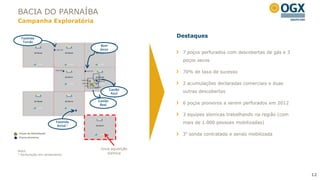 BACIA DO PARNAÍBA
Campanha Exploratória

  Fazenda
                                                    Destaques
   Torrão
                                    Bom
                                   Jesus
                                                     7 poços perfurados com descobertas de gás e 3
                                                     poços secos

                                                     70% de taxa de sucesso

                                                     2 acumulações declaradas comerciais e duas
                                           Gavião
                                            Azul     outras descobertas

                                  Gavião
                                   Real              6 poços pioneiros a serem perfurados em 2012

                                                     3 equipes sísmicas trabalhando na região (com
                       Fazenda                       mais de 1.000 pessoas mobilizadas)
                        Axixá ¹

Poços de delimitação
 Appraisal wells                                     3ª sonda contratada e sendo mobilizada
Poços pioneiros
 Wildcat wells


                                   nova aquisição
Nota:
¹ Perfuração em andamento             sísmica




                                                                                                     12
 