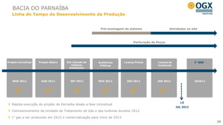 BACIA DO PARNAÍBA
   Linha do Tempo do Desenvolvimento da Produção


                                                          Pré-montagem do sistema                     Atividades no site



                                                                                Perfuração de Poços




Projeto Conceitual   Projeto Básico   EIA (Estudo de    Audiências        Licença Prévia      Licença de              1º GAS
                                         Impacto         Públicas                             Instalação
                                        Ambiental)




   MAR 2011           AGO 2011          SET 2011        NOV 2011            DEZ 2011          JAN 2012                2S2012




                                                                                          
                                                                                                             LO
   Rápida execução do projeto de Parnaíba desde a fase conceitual
                                                                                                           JUL 2012
   Comissionamento da Unidade de Tratamento de Gás e das turbinas durante 2S12

   1º gas a ser produzido em 2S12 e comercialização para início de 2013
                                                                                                                               20
                                                                                                                               20
 