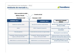 Teleconferência de resultados – 4T12
Ambiente de mercado e...


              Maior provisão de middle
                                                       Cruzeiro do Sul
                 Matone, Morada

                  Resolução 3.533                  Resolução 3.563

   CENÁRIO 2011                                                                                        REFLEXOS PARANÁ
                                                                    CENÁRIO 2012
                                                                                                            BANCO

         Modelo de cessão de crédito.             Mercado de cessão de crédito fechado.        Não faz cessão. Depósitos a Prazo, Emissão
                                                                                                           Externa, LF e DPGE.

                   DPGE I.                           DPGE II +Depósito Compulsório.           Emissão de R$ 370,0 milhões em LFs . DPGE II
                                                                                                             não utilizado.
              Mercado agressivo.               Conservadorismo prevalece sob agressividade.
                                                                                                   Manutenção do conservadorismo.

  Consignado - FPR para operação com prazo      Consignado - FPR para operação com prazo       Basiléia de 38,3% em dez/11 para 27,2% em
        superior a 60 meses de 150%.                  superior a 60 meses de 300%.            dez/12 com crescimento de carteira de 25,7%.

                                                                                               Carteira de Middle Market de D a H de 2,0%
   Middle Market: luz amarela para provisão.    Middle Market: luz vermelha para provisão.          em dez/11 para 1,9% em dez/12.




                                                                                                                                   3
 