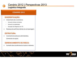 Cenário 2012 | Perspectivas 2013
Logística Integrada
7
CENÁRIO 2012
→ Crescimento do e-commerce:
– Aumento da base de clientes;
– Aumento da capilaridade;
– Aquisição dos Negócios da LTD;
→ Mudança de perfil dos clientes de armazenagem;
→ Incremento da estrutura administrativa,
comercial e de apoio;
→ Aumento das ocorrências de roubos e extravios;
 
