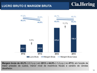LUCRO BRUTO E MARGEM BRUTA

47,3%

45,9%

46,3%

44,9%

6,5%

46,7%
45,5%

11,7%

679,2

212,1

4T13

45,2%

758,5

225,9

4T12

46,2%

Lucro Bruto

2012

Margem Bruta

2013

Margem Bruta Caixa

Margem bruta de 45,2% (-0,3 p.p.) em 2013 e 44,9% (-1,4 p.p.) no 4T13, em função de
maior pressão de custos, menor nível de incentivos fiscais e cenário de vendas
desafiador.
10

 
