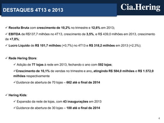 DESTAQUES 4T13 e 2013

 Receita Bruta com crescimento de 10,2% no trimestre e 12,6% em 2013;

 EBITDA de R$137,7 milhões no 4T13, crescimento de 3,5%, e R$ 439,0 milhões em 2013, crescimento
de +7,8%;
 Lucro Líquido de R$ 101,7 milhões (+0,7%) no 4T13 e R$ 318,2 milhões em 2013 (+2,3%);

 Rede Hering Store:
 Adição de 77 lojas à rede em 2013, fechando o ano com 592 lojas;
Crescimento de 10,1% de vendas no trimestre e ano, atingindo R$ 584,0 milhões e R$ 1.572,0
milhões respectivamente

Guidance de abertura de 70 lojas – 662 até o final de 2014

 Hering Kids:
 Expansão da rede de lojas, com 43 inaugurações em 2013
Guidance de abertura de 30 lojas – 100 até o final de 2014
4

 