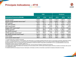 4
Principais Indicadores – 4T15
1- A receita líquida exclui a receita de construção.
2- Valores na mesma base excluem: (i) novos negócios, não operacionais ou em operação assistida durante pelo menos um dos períodos comparados: Metrô Bahia e MSVia;
(ii) Ponte, cujo contrato encerrou-se em 31 de maio de 2015; (iii) ) não-recorrentes da aquisição da TAS no 4T15 e baixa do saldo de Retenções de pagamentos aos ex-
acionistas da SPVias, na CPC, em cumprimento a itens contingentes do contrato de compra e venda desta concessionária no 4T14; e (iv) adicionalmente no lucro e nas
comparações pró-forma, excluiu-se Controlar, ViaRio e VLT.
3- Calculado somando-se Receita Líquida, Receita de Construção, Custo dos Serviços Prestados e Despesas Administrativas.
4- As margens EBIT e EBITDA ajustadas foram calculadas por meio da divisão do EBIT e EBITDA pelas receitas líquidas, excluídas as receitas de construção, dado que este
é um requerimento do IFRS.
5- Calculado excluindo-se as despesas não-caixa: depreciação e amortização, provisão de manutenção e apropriação de despesas antecipadas da outorga.
Receita Líquida1 1.526,5 1.691,1 10,8% 1.743,4 1.957,6 12,3%
Receita Líquida ajustada mesma base2 1.473,9 1.561,1 5,9% 1.689,6 1.799,5 6,5%
EBIT ajustado3 746,8 682,2 -8,7% 841,8 755,6 -10,2%
Mg. EBIT ajustada4
48,9% 40,3% -8,6 p.p. 48,3% 38,6% -9,7 p.p.
EBIT mesma base2 670,3 656,9 -2,0% 768,3 728,4 -5,2%
Margem EBIT mesma base2
45,5% 42,1% -3,4 p.p. 45,5% 40,5% -5,0 p.p.
EBITDA ajustado5 1.026,1 984,5 -4,1% 1.153,4 1.108,0 -3,9%
Mg. EBITDA ajustada4 67,2% 58,2% -9,0 p.p. 66,2% 56,6% -9,6 p.p.
EBITDA ajustado mesma base2 941,5 955,4 1,5% 1.071,8 1.076,4 0,4%
Mg. EBITDA ajustada mesma base2
63,9% 61,2% -2,7 p.p. 63,4% 59,8% -3,6 p.p.
Lucro Líquido 383,9 244,8 -36,2% 383,9 244,8 -36,2%
Lucro Líquido mesma base2 308,9 249,9 -19,1% 308,9 249,9 -19,1%
Indicadores Financeiros (R$ MM) 4T14 4T15 Var %
IFRS Pró-forma
4T14 4T15 Var %
 