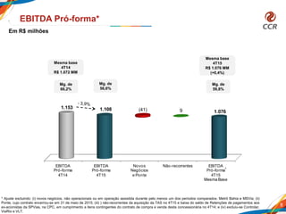 EBITDA
Pró-forma
4T14
EBITDA
Pró-forma
4T15
Novos
Negócios
e Ponte
Não-recorrentes EBITDA
Pró-forma
4T15
Mesma Base
1.153 1.108 1.076(41) 9
8
EBITDA Pró-forma*
Mg. de
66,2%
Mg. de
56,6%
Mg. de
59,8%
* Ajuste excluindo: (i) novos negócios, não operacionais ou em operação assistida durante pelo menos um dos períodos comparados: Metrô Bahia e MSVia; (ii)
Ponte, cujo contrato encerrou-se em 31 de maio de 2015; (iii) ) não-recorrentes da aquisição da TAS no 4T15 e baixa do saldo de Retenções de pagamentos aos
ex-acionistas da SPVias, na CPC, em cumprimento a itens contingentes do contrato de compra e venda desta concessionária no 4T14; e (iv) excluiu-se Controlar,
ViaRio e VLT.
*
Em R$ milhões
Mesma base
4T14
R$ 1.072 MM
Mesma base
4T15
R$ 1.076 MM
(+0,4%)
 