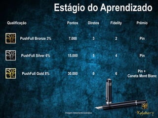 Qualificação Diretos PrêmioPontos
PushFull Bronze 3%
PushFull Silver 6%
PushFull Gold 8%
7.000
15.000
30.000
3
5
9
Pin
Pin
Pin +
Caneta Mont Blanc
Imagem meramente ilustrativa
Fidelity
2
4
6
 