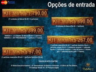(11 unidades de Natural Be 90 + 2 perfumes)
(5 unidades de Natural Be 90 + 1 perfume)
VERSÃO 1 – (2 unidades de Natural Be 90 + 1 perfume)
VERSÃO 2 – (KIT PROGRESSIVA + 1 perfume + 1 batom)
(1 perfume masculino 50 ml + 1 perfume feminino 50 ml + 1
perfume unissex 50 ml + 1 esfoliante corporal + 1 sabonete
líquido + 1 hidratante corporal + 1 óleo de banho + 1 shower
gel + 1 sabonete líquido gold + 1 batom)
(1 perfume masculino 50 ml + 1 perfume feminino 50 ml)
TODOS OS KITS CONTÉM
01 Bolsa Executiva Kalahary – 01 Demonstrador de Batons e Perfumes – 01 Bloco de Fita Olfativa
01 Catálogo Versão 19 – 01 Franquia Digital
 