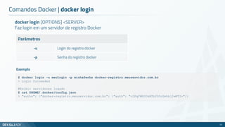docker login [OPTIONS] <SERVER>
Faz login em um servidor de registro Docker
Parâmetros
-u Login do registro docker
-p Senha do registro docker
Comandos Docker | docker login
23
$ docker login -u meuLogin -p minhaSenha docker-registro.meuservidor.com.br
> Login Succeeded
#Exibir servidores logado
$ cat $HOME/.docker/config.json
> "auths": {"docker-registro.meuservidor.com.br": {"auth": "c2FqYWR2OkBTb2Z0cGxhbjIwMTI="}}
Exemplo
 