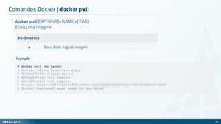 docker pull [OPTIONS] <NAME>[:TAG]
Baixa uma imagem
Parâmetros
-a Baixa todas tags da imagem
Comandos Docker | docker pull
26
$ docker pull php:latest
> latest: Pulling from library/php
> 5040bd298390: Already exists
> 568dce68541a: Pull complete
> 6a832068e64c: Pull complete
> Digest: sha256:cdd9431e016e974cc84bb103e22152195e02f54591ac48fe705d66b1384d6a08
> Status: Downloaded newer image for php:latest
Exemplo
 