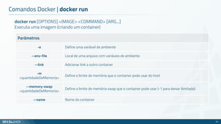 docker run [OPTIONS] <IMAGE> <COMMAND> [ARG...]
Executa uma imagem (criando um container)
Parâmetros
-e Define uma variável de ambiente
--env-file Local de uma arquivo com variáveis de ambiente
--link Adicionar link a outro container
-m
<quantidadeDeMemoria>
Define o limite de memória que o container pode usar do host
--memory-swap
<quantidadeDeMemoria>
Define o limite de memória swap que o container pode usar (-1 para deixar ilimitado)
--name Nome do container
Comandos Docker | docker run
28
 