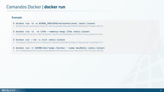 Comandos Docker | docker run
30
$ docker run -d -e MINHA_VARIAVEL=minhaVariavel redis:latest
> 840bf6fa81cb026d15fd2c514e25bd5d2b36bea6f98650428adfd786eb559f3a
$ docker run -d -m 100m --memory-swap 120m redis:latest
> 01bf438ccf92043c3b67bfe06215b05ce6f898dd83d73465279ca3cbd7a97e61
$ docker run --rm -u root redis:latest
> 27b6da614858f24c9757b8a4f27d4d3526809b1592be725ba251b71d23960727
$ docker run -v $HOME/dev/temp:/docker --name meuRedis redis:latest
> 0471a8bd44ef5833ae81a5de8b6863451b5a1bc1047d5a34e7003720a4c34068
Exemplo
 