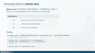 docker exec [OPTIONS] <CONTAINER> <COMMAND> [ARG...]
Executa um comando em um container em execução
Parâmetros
-d Executa o comando em backgroud
-e Define variáveis ​​de ambiente
-it Entra em modo iterativo
Comandos Docker | docker exec
34
$ docker exec -e MINHA_VARIAVEL=meuValor ubuntuLocal env | grep MINHA_VARIAVEL
> MINHA_VARIAVEL=meuValor
$ docker exec -d ubuntuLocal touch meuArquivo
$ docker exec AdvDBPostgres ls | grep meuArquivo
> meuArquivo
$ docker exec -it ubuntuLocal bash
Exemplo
 