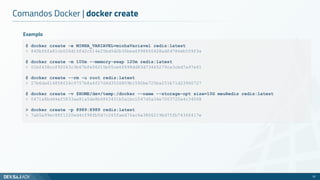 Comandos Docker | docker create
37
$ docker create -e MINHA_VARIAVEL=minhaVariavel redis:latest
> 840bf6fa81cb026d15fd2c514e25bd5d2b36bea6f98650428adfd786eb559f3a
$ docker create -m 100m --memory-swap 120m redis:latest
> 01bf438ccf92043c3b67bfe06215b05ce6f898dd83d73465279ca3cbd7a97e61
$ docker create --rm -u root redis:latest
> 27b6da614858f24c9757b8a4f27d4d3526809b1592be725ba251b71d23960727
$ docker create -v $HOME/dev/temp:/docker --name --storage-opt size=10G meuRedis redis:latest
> 0471a8bd44ef5833ae81a5de8b6863451b5a1bc1047d5a34e7003720a4c34068
> docker create -p 8989:8989 redis:latest
> 7ab5a99ec88f1220ed4cf98fb5d7c265faed76ac6a3806219bd75fb74366417e
Exemplo
 