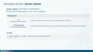 docker update [OPTIONS] <CONTAINER...>
Atualiza as configurações um ou mais containers
Parâmetros
-m
<quantidadeDeMemoria>
Define o limite de memória que o container pode usar do host
--memory-swap
<quantidadeDeMemoria>
Define o limite de memória swap que o container pode usar (-1 para deixar ilimitado)
Comandos Docker | docker update
46
$ docker update -m 1000m --memory-swap 1300m redisLocal
> redisLocal
Exemplo
 