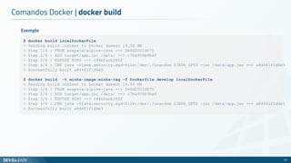 Comandos Docker | docker build
55
$ docker build localDockerFile
> Sending build context to Docker daemon 14.54 MB
> Step 1/4 : FROM anapsix/alpine-java --> 0e0d2021d670
> Step 2/4 : ADD target/app.jar /data/ --> c7ba906b9ba9
> Step 3/4 : EXPOSE 8080 --> c44bfacb345f
> Step 4/4 : CMD java -Djava.security.egd=file:/dev/./urandom $JAVA_OPTS -jar /data/app.jar --> a84461f1d4e5
> Successfully built a84461f1d4e5
$ docker build -t minha-image:minha-tag -f Dockerfile.develop localDockerFile
> Sending build context to Docker daemon 14.54 MB
> Step 1/4 : FROM anapsix/alpine-java --> 0e0d2021d670
> Step 2/4 : ADD target/app.jar /data/ --> c7ba906b9ba9
> Step 3/4 : EXPOSE 8080 --> c44bfacb345f
> Step 4/4 : CMD java -Djava.security.egd=file:/dev/./urandom $JAVA_OPTS -jar /data/app.jar --> a84461f1d4e5
> Successfully built a84461f1d4e5
Exemplo
 