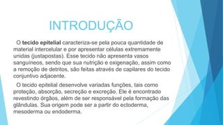 INTRODUÇÃO
O tecido epitelial caracteriza-se pela pouca quantidade de
material intercelular e por apresentar células extremamente
unidas (justapostas). Esse tecido não apresenta vasos
sanguíneos, sendo que sua nutrição e oxigenação, assim como
a remoção de detritos, são feitas através de capilares do tecido
conjuntivo adjacente.
O tecido epitelial desenvolve variadas funções, tais como
proteção, absorção, secreção e excreção. Ele é encontrado
revestindo órgãos, além de ser responsável pela formação das
glândulas. Sua origem pode ser a partir do ectoderma,
mesoderma ou endoderma.
 