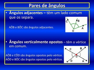 Pares de ângulosÂngulos adjacentes – têm um lado comum que os separa.AÔB e BÔC são ângulos adjacentes.Ângulos verticalmente opostos – têm o vértice em comum.AÔB e CÔD são ângulos opostos pelo vértice. AÔD e BÔC são ângulos opostos pelo vértice.