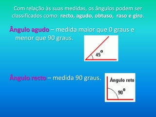 Com relação às suas medidas, os ângulos podem ser classificados como: recto, agudo, obtuso,  raso e giro.Ângulo agudo – medida maior que 0 graus e menor que 90 graus. Ângulo recto – medida 90 graus. 