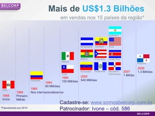 Uma história de sucesso
                                           Mais de US$1.3 Bilhões
                                                      em vendas nos 15 países da região*


                                                                                             Argentina




                                                                  El Salvador   Equador      EUA




                                                                  Bolívia       Porto Rico   Costa Rica
                                                      México
                                                                                                                     Panamá

                                                                                                                     2009
                                                                  Venezuela     Guatemala    República    2007       1,3 Bilhões
                                                      Chile                                  Dominicana
                                                                  2005                                    1 Bilhão
                                                      1995
                              Colômbia
                                         1994         100 Milhões 540 Milhões
                                         60 Milhões
  Perú                        1985
                   1969       Nos internacionalizamos
  1968             Primeiro
  Início           Milhão
                                                  Cadastre-se: www.somosbelcorp.com.br
*Faturamento em 2010
                                                  Patrocinador: Ivone – cód. 586
                                                                                                                              6
 
