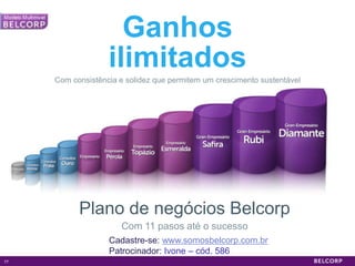 Ganhos
                   ilimitados
     Com consistência e solidez que permitem um crescimento sustentável




           Plano de negócios Belcorp
                      Com 11 pasos até o sucesso
                   Cadastre-se: www.somosbelcorp.com.br
                   Patrocinador: Ivone – cód. 586
77                                                                        77
 