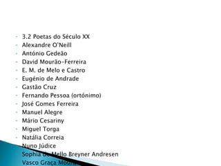 3.2 Poetas do Século XX Alexandre O’Neill António Gedeão David Mourão-Ferreira E. M. de Melo e Castro Eugénio de Andrade Gastão Cruz Fernando Pessoa (ortónimo) José Gomes Ferreira Manuel Alegre Mário Cesariny Miguel Torga Natália Correia Nuno Júdice Sophia de Mello Breyner Andresen Vasco Graça Moura 