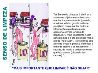 SENSO DE LIMPEZA
                                        Ter Senso de Limpeza é eliminar a
                                        sujeira ou objetos estranhos para
                                        manter limpo o ambiente ( parede,
                                        armários, o teto, gaveta, estante,
                                        piso) bem como manter dados e
                                        informações atualizados para
                                        garantir a correta tomada de
                                        decisões. O mais importante neste
                                        conceito não é o ato de limpar mas o
                                        ato de "não sujar" . Isto significa que
                                        além de limpar é preciso identificar a
                                        fonte de sujeira e as respectivas
                                        causas, de modo a podermos evitar
                                        que isto ocorra. (bloqueio das
                                        causas). ".




                   "MAIS IMPORTANTE QUE LIMPAR É NÃO SUJAR"
 