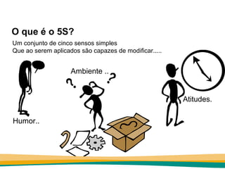 O que é o 5S?
Um conjunto de cinco sensos simples
Que ao serem aplicados são capazes de modificar.....


                    Ambiente ..


                                                       Atitudes.

Humor..
 