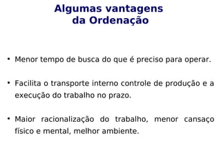 Algumas vantagens
da Ordenação
• Menor tempo de busca do que é preciso para operar.
• Facilita o transporte interno controle de produção e a
execução do trabalho no prazo.
• Maior racionalização do trabalho, menor cansaço
físico e mental, melhor ambiente.
 