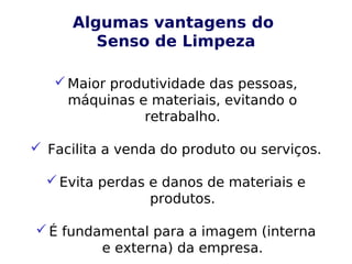 Algumas vantagens do
Senso de Limpeza
Maior produtividade das pessoas,
máquinas e materiais, evitando o
retrabalho.
 Facilita a venda do produto ou serviços.
Evita perdas e danos de materiais e
produtos.
É fundamental para a imagem (interna
e externa) da empresa.
 