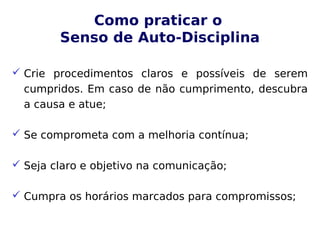 Como praticar o
Senso de Auto-Disciplina
 Crie procedimentos claros e possíveis de serem
cumpridos. Em caso de não cumprimento, descubra
a causa e atue;
 Se comprometa com a melhoria contínua;
 Seja claro e objetivo na comunicação;
 Cumpra os horários marcados para compromissos;
 