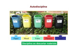 Disciplina ao descartar materiais
Disciplina ao descartar materiais
Papel Metal Vidro Plástico Lixo
Autodisciplina
 