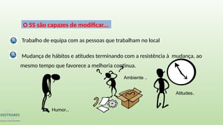 Trabalho de equipa com as pessoas que trabalham no local
Mudança de hábitos e atitudes terminando com a resistência à mudança, ao
mesmo tempo que favorece a melhoria continua.
Atitudes.
Ambiente ..
Humor..
O 5S são capazes de modificar...
 