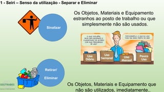 Os Objetos, Materiais e Equipamento
estranhos ao posto de trabalho ou que
simplesmente não são usados.
Retirar/
Eliminar
Os Objetos, Materiais e Equipamento que
não são utilizados, imediatamente..
Sinalizar
1 - Seiri – Senso da utilização - Separar e Eliminar
 