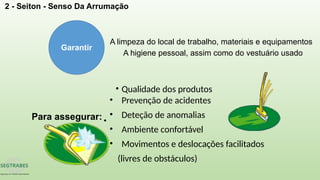 2 - Seiton - Senso Da Arrumação
Garantir
A limpeza do local de trabalho, materiais e equipamentos
A higiene pessoal, assim como do vestuário usado
• Qualidade dos produtos
• Prevenção de acidentes
• Deteção de anomalias
• Ambiente confortável
• Movimentos e deslocações facilitados
(livres de obstáculos)
Para assegurar: •
 