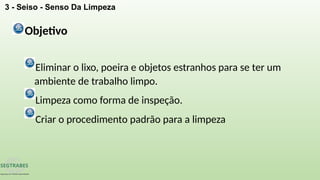 3 - Seiso - Senso Da Limpeza
Objetivo
Eliminar o lixo, poeira e objetos estranhos para se ter um
ambiente de trabalho limpo.
Limpeza como forma de inspeção.
Criar o procedimento padrão para a limpeza
 