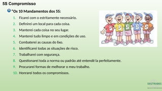 5S Compromisso
“Os 10 Mandamentos dos 5S:
1. Ficarei com o estritamente necessário.
2. Definirei um local para cada coisa.
3. Manterei cada coisa no seu lugar.
4. Manterei tudo limpo e em condições de uso.
5. Combaterei as causas do lixo.
6. Identificarei todas as situações de risco.
7. Trabalharei com segurança.
8. Questionarei toda a norma ou padrão até entendê la perfeitamente.
9. Procurarei formas de melhorar o meu trabalho.
10. Honrarei todos os compromissos.
 