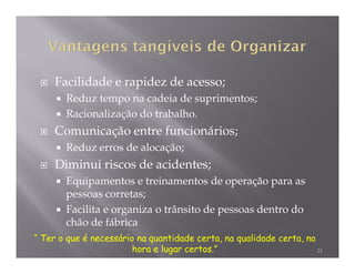 Facilidade e rapidez de acesso;
       Reduz tempo na cadeia de suprimentos;
       Racionalização do trabalho.
     Comunicação entre funcionários;
       Reduz erros de alocação;
     Diminui riscos de acidentes;
       Equipamentos e treinamentos de operação para as
       pessoas corretas;
       Facilita e organiza o trânsito de pessoas dentro do
       chão de fábrica
“ Ter o que é necessário na quantidade certa, na qualidade certa, na
                        hora e lugar certos.”                        21
 