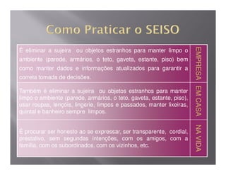 EMPRESA EM CASA
                                                                      EMPRESA EM CASA
É eliminar a sujeira ou objetos estranhos para manter limpo o
ambiente (parede, armários, o teto, gaveta, estante, piso) bem
como manter dados e informações atualizados para garantir a
correta tomada de decisões.




                                                                              EM CASA
                                                                              EM CASA
Também é eliminar a sujeira ou objetos estranhos para manter
limpo o ambiente (parede, armários, o teto, gaveta, estante, piso),
usar roupas, lençóis, lingerie, limpos e passados, manter lixeiras,
quintal e banheiro sempre limpos.




                                                                      NA VIDA
                                                                      NA VIDA
É procurar ser honesto ao se expressar, ser transparente, cordial,
prestativo, sem segundas intenções, com os amigos, com a
família, com os subordinados, com os vizinhos, etc.
 