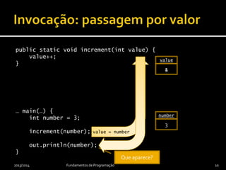 Variáveis que
guardam
referências.
Tipos de valor (int, boolean,
etc.)
int a = 7;
int b = a;
int c;
Tipos de referência (arrays,
classes)
int[] a = {1, 2, 3};
int[] b = a;
int[] c;
2013/2014 Fundamentos de Programação 10
7
a
7
b
0
c
Excepto no caso
de variáveis locais.
Variáveis locais
têm sempre de ser
inicializadas
explicitamente.
a
b
null
c
Excepto no caso
de variáveis locais.
Variáveis locais
têm sempre de ser
inicializadas
explicitamente.
1 2 3
0 1 2
Variáveis que
guardam valores.
Valor especial
significando «não
referencia nada».
 