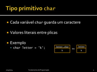  Cada variável char guarda um caractere
 Valores literais entre plicas
 Exemplo
 char letter = 'k';
2013/2014 Fundamentos de Programação 3
‘k’
letter
‘k’
letter : char
ou
 
