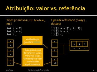 2013/2014 Fundamentos de Programação 9
Saiba mais naWikipédia.
Cifra com
deslocação de 2.
a b c x y z…
a b c d e z…
a t a c a r
c v c e c t
cifra
 