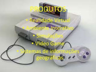 PRODUTOS
• Realidade Virtual
• Ambiente Interativo
• Simulações
• Vídeo Game
• Sistemas de informações
geográficas