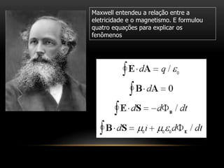 Maxwell entendeu a relação entre a
eletricidade e o magnetismo. E formulou
quatro equações para explicar os
fenômenos
 