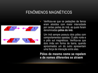 FENÔMENOS MAGNÉTICOS
• Verificou-se que os pedações de ferros
eram atraídos com maior intensidade
por certas partes do ímã, as quais foram
denominadas pólos do ímã.
• Um ímã sempre possuiu dois pólos com
comportamentos opostos. O pólo norte e
o pólo sul magnéticos. Verifica-se que
dois ímãs em forma de barra, quando
aproximados um do outro apresentam
uma força de interação entre eles.
Pólos de mesmo nome se repelem
e de nomes diferentes se atraem
 