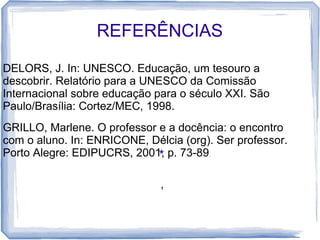 REFERÊNCIAS
DELORS, J. In: UNESCO. Educação, um tesouro a
descobrir. Relatório para a UNESCO da Comissão
Internacional sobre educação para o século XXI. São
Paulo/Brasília: Cortez/MEC, 1998.
GRILLO, Marlene. O professor e a docência: o encontro
com o aluno. In: ENRICONE, Délcia (org). Ser professor.
Porto Alegre: EDIPUCRS, 2001, p. 73-89
*
.

,

 