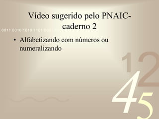 421
0011 0010 1010 1101 0001 0100 1011
Vídeo sugerido pelo PNAIC-
caderno 2
• Alfabetizando com números ou
numeralizando
 