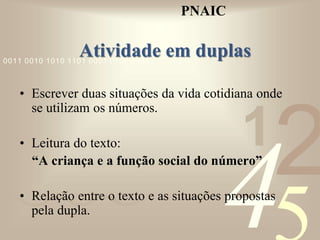 421
0011 0010 1010 1101 0001 0100 1011
Atividade em duplas
• Escrever duas situações da vida cotidiana onde
se utilizam os números.
• Leitura do texto:
“A criança e a função social do número”
• Relação entre o texto e as situações propostas
pela dupla.
PNAIC
 