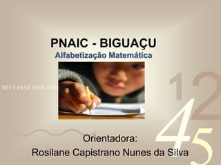 4210011 0010 1010 1101 0001 0100 1011
PNAIC - BIGUAÇU
Alfabetização Matemática
Orientadora:
Rosilane Capistrano Nunes da Silva
 