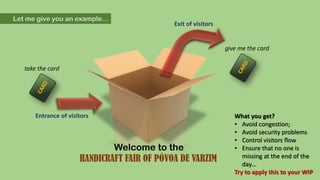 Let me give you an example…

Exit of visitors

give me the card
take the card

Entrance of visitors

Welcome to the
HANDICRAFT FAIR OF PÓVOA DE VARZIM

What you get?
• Avoid congestion;
• Avoid security problems
• Control visitors flow
• Ensure that no one is
missing at the end of the
day…
Try to apply this to your WIP

 