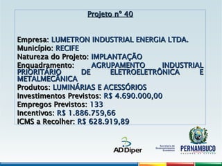 Projeto nº 40
Projeto nº 40
Empresa:
Empresa: LUMETRON INDUSTRIAL ENERGIA LTDA.
LUMETRON INDUSTRIAL ENERGIA LTDA.
Município:
Município: RECIFE
RECIFE
Natureza do Projeto:
Natureza do Projeto: IMPLANTAÇÃO
IMPLANTAÇÃO
Enquadramento:
Enquadramento: AGRUPAMENTO INDUSTRIAL
AGRUPAMENTO INDUSTRIAL
PRIORITÁRIO DE ELETROELETRÔNICA E
PRIORITÁRIO DE ELETROELETRÔNICA E
METALMECÂNICA
METALMECÂNICA
Produtos:
Produtos: LUMINÁRIAS E ACESSÓRIOS
LUMINÁRIAS E ACESSÓRIOS
Investimentos Previstos:
Investimentos Previstos: R$ 4.690.000,00
R$ 4.690.000,00
Empregos Previstos:
Empregos Previstos: 133
133
Incentivos:
Incentivos: R$ 1.886.759,66
R$ 1.886.759,66
ICMS a Recolher:
ICMS a Recolher: R$ 628.919,89
R$ 628.919,89
 